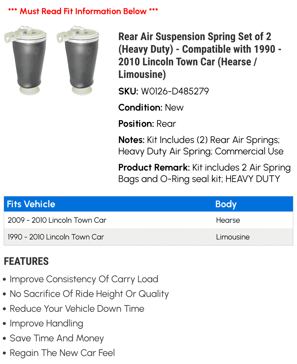2002 1994 Town (Heavy Compatible (Hearse 2007 / 1999 - Spring 2008 Air Suspension 2010 2003 2001 - 2 Set 2006 Car 1990 Rear 1998 of 1997 1995 1996 Lincoln Duty) 2004 with Limousine) 2005 2000